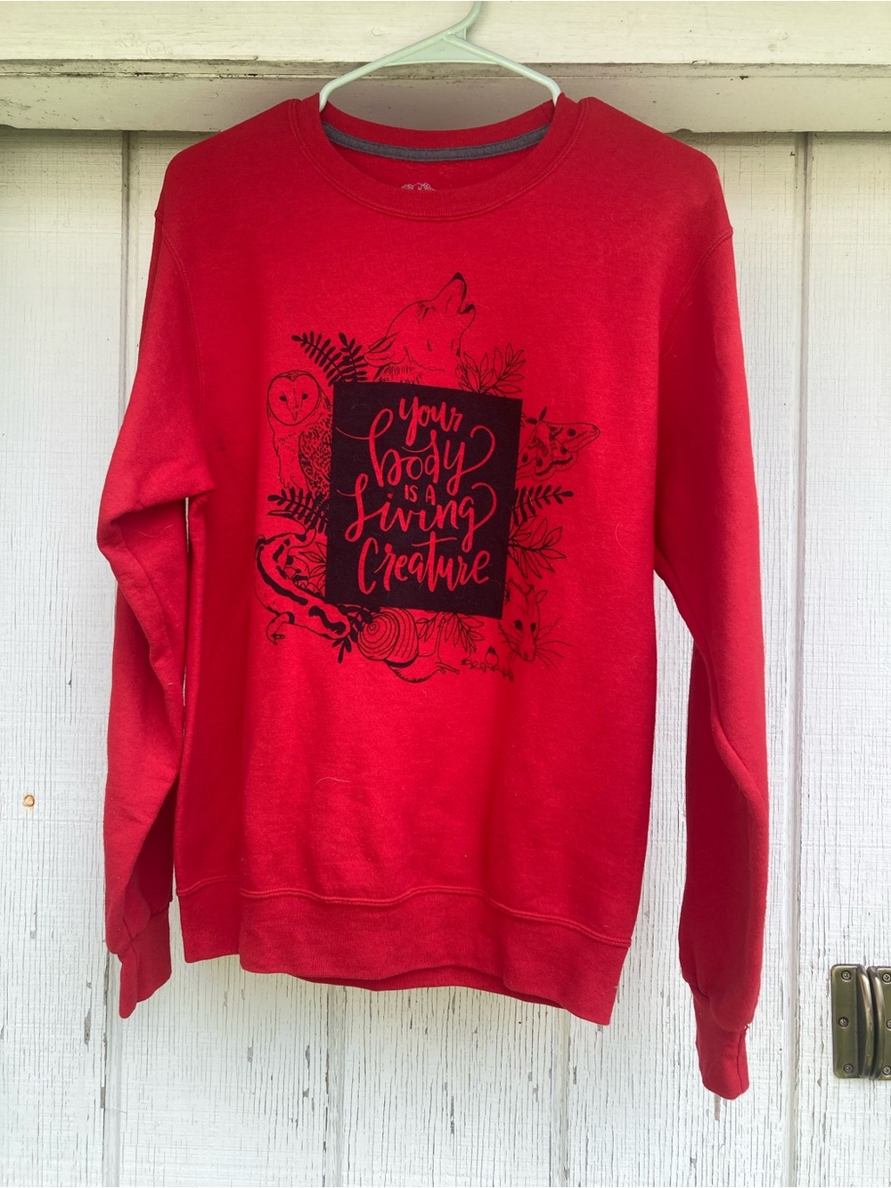 Red Graphic Crewneck Sweatshirt - Your Body Is A Living Creature